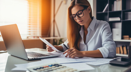 An attractive Caucasian woman with glasses, doing accounting work in a very bright office.
