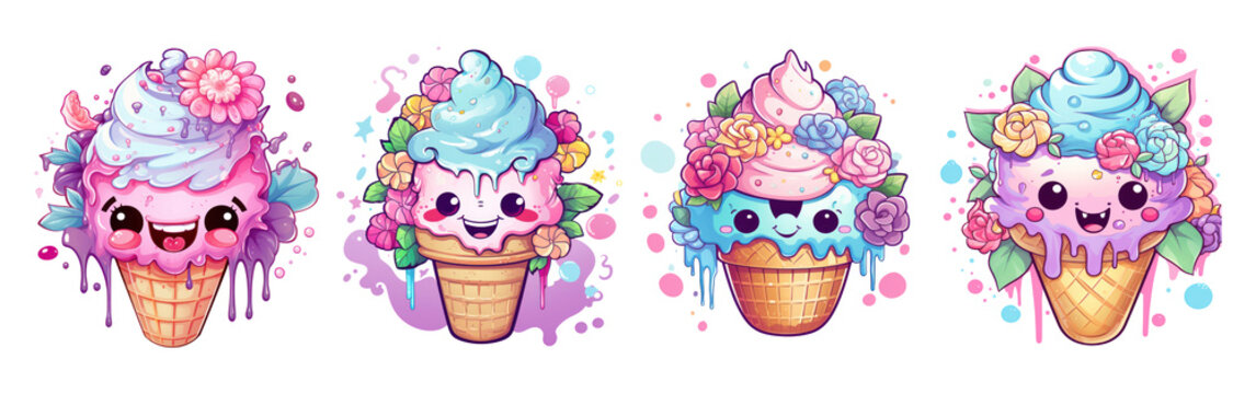 Set of ice cream cones cute kawaii characters isolated on transparent background. Cold summer fruit waffle dessert with smile faces, flowers and paint splashes and drops. Stickers, print for t shirt