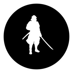 A samurai symbol in the center. Isolated white symbol in black circle. Illustration on transparent background