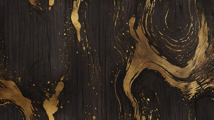 Dark wood with golden ink texture background - obrazy, fototapety, plakaty