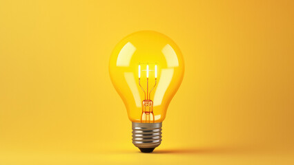 A brightly illuminated, glowing light bulb in yellow
