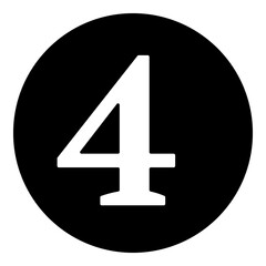 A number four symbol in the center. Isolated white symbol in black circle. Illustration on transparent background