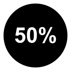 A 50 percent symbol in the center. Isolated white symbol in black circle. Vector illustration on white background