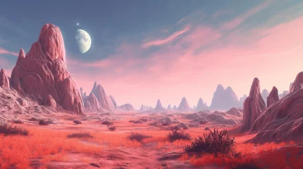 Schilderijen op glas Pink desert landscape with moon.Generative AI © shuvodesign