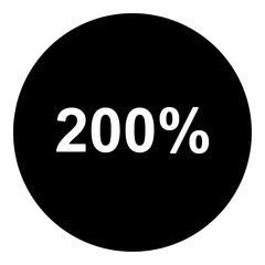 A 200 percent symbol in the center. Isolated white symbol in black circle. Vector illustration on white background