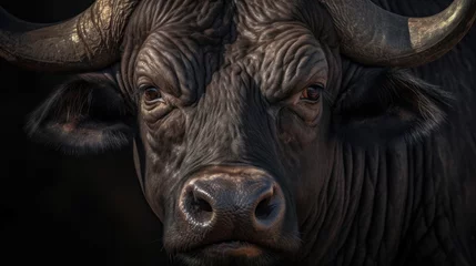 Crédence de cuisine en verre imprimé Parc national du Cap Le Grand, Australie occidentale Portrait of a buffalo. Close-up. Black background. Wildlife Concept with Copy Space.
