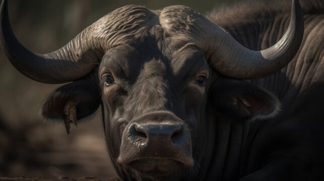 Close-up portrait of buffalo in South Africa ; Specie Syncerus caffer family of Bovidae. Wildlife Concept with Copy Space.