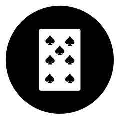 A seven of spades playing card in the center. Isolated white symbol in black circle. Illustration on transparent background