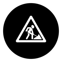 A road work sign in the center. Isolated white symbol in black circle. Illustration on transparent background