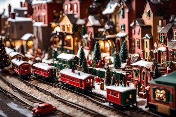 A vintage toy train circling a miniature Christmas village, passing by tiny shops and houses. --