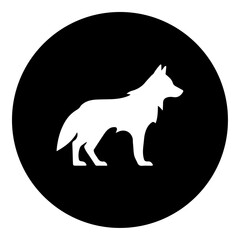 A wolf symbol in the center. Isolated white symbol in black circle. Vector illustration on white background