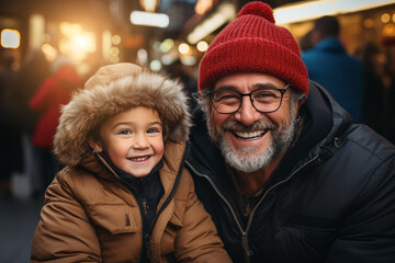 Happy Latin grandparent and grandson having fun in Christmas winter outdoors. Family and holiday relationship. Ai generative
