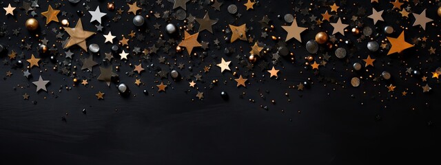 new year confetti and stars on a black floor Generative AI - obrazy, fototapety, plakaty