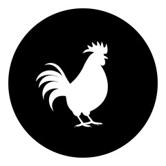 A rooster symbol in the center. Isolated white symbol in black circle. Illustration on transparent background