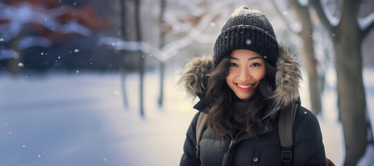 Portrait of a fictional Asian young woman wearing warm clothing and standing in a winter park - in banner size with copy space. Concept of playfulness and optimism in the winter season. - obrazy, fototapety, plakaty