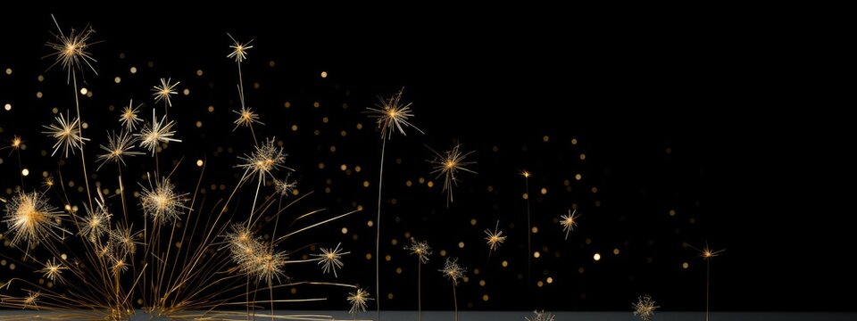 gold confetti, sparklers and star on a black background Generative Ai
