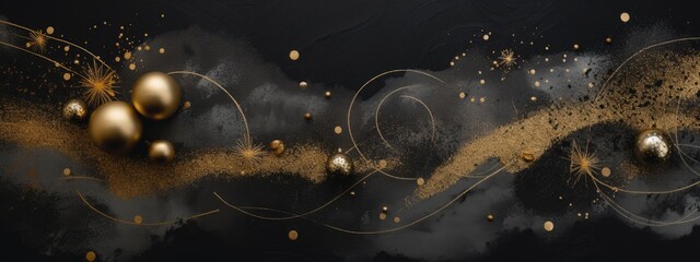 gold glitter and decorations on dark background for new year party Generative AI - obrazy, fototapety, plakaty