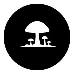A mushrooms symbol in the center. Isolated white symbol in black circle. Illustration on transparent background
