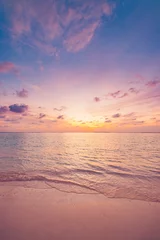 Poster Closeup sea waves beach horizon. Panoramic beach landscape. Paradise tropical beach summer seascape. Colorful sunset sky, soft sand, calmness, tranquil relaxing sunlight. Inspire meditation vacation © icemanphotos