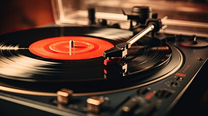 Close-up of a record player with a spinning vinyl and retro vibes
