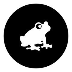 A frog symbol in the center. Isolated white symbol in black circle. Illustration on transparent background