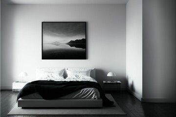 a large black and white bed and a nightstand on the floor