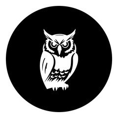 A owl symbol in the center. Isolated white symbol in black circle. Illustration on transparent background