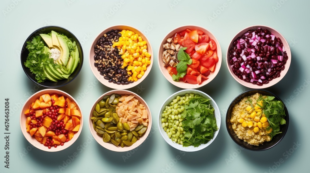 Poster a group of bowls filled with different types of salads and veggies on top of a blue surface. generat