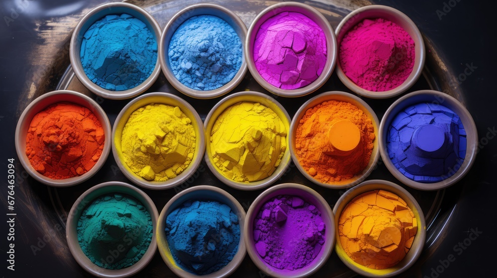 Poster a close up of many different colors of paint in small bowls with spoons on the side of the bowl. gen