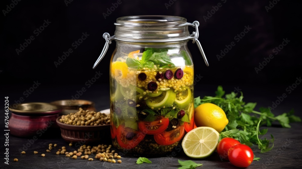 Poster a jar filled with lots of veggies sitting on top of a table next to a pile of spices. generative ai