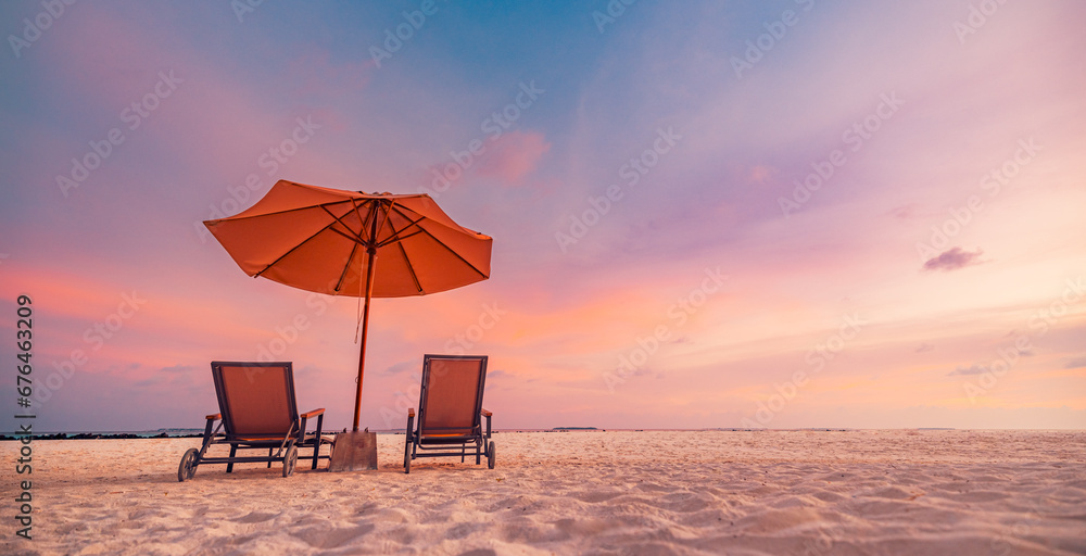 Wall mural romantic beach landscape. couple chairs umbrella sunset sunrise colorful sky clouds. dream beach hon - Wall murals