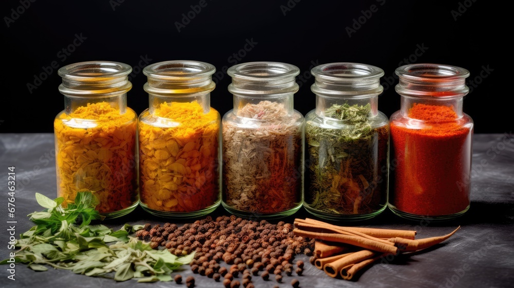 Poster a row of glass jars filled with different types of spices next to a pile of herbs and spices on a ta