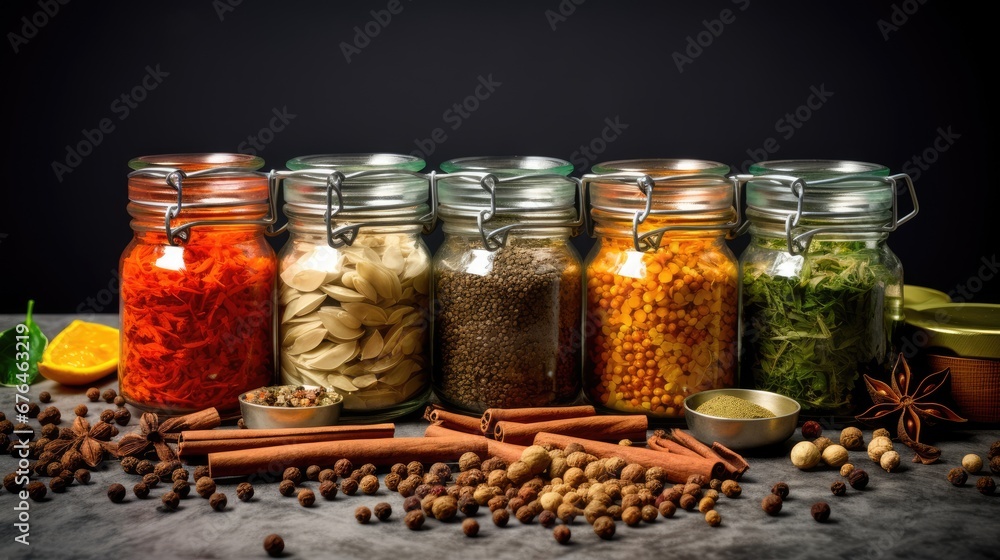 Poster a row of glass jars filled with different types of spices and spices next to a bowl of nuts and spic