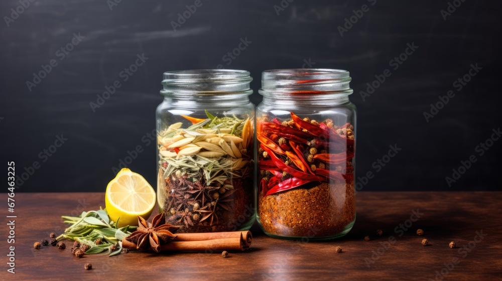 Poster a couple of jars filled with different types of spices next to an orange slice of lemon and a cinnam