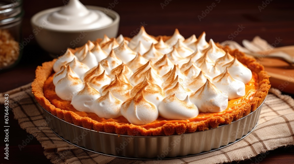 Poster a pie with meringue and whipped cream in a pie pan on a table next to a jar of whipped cream. genera