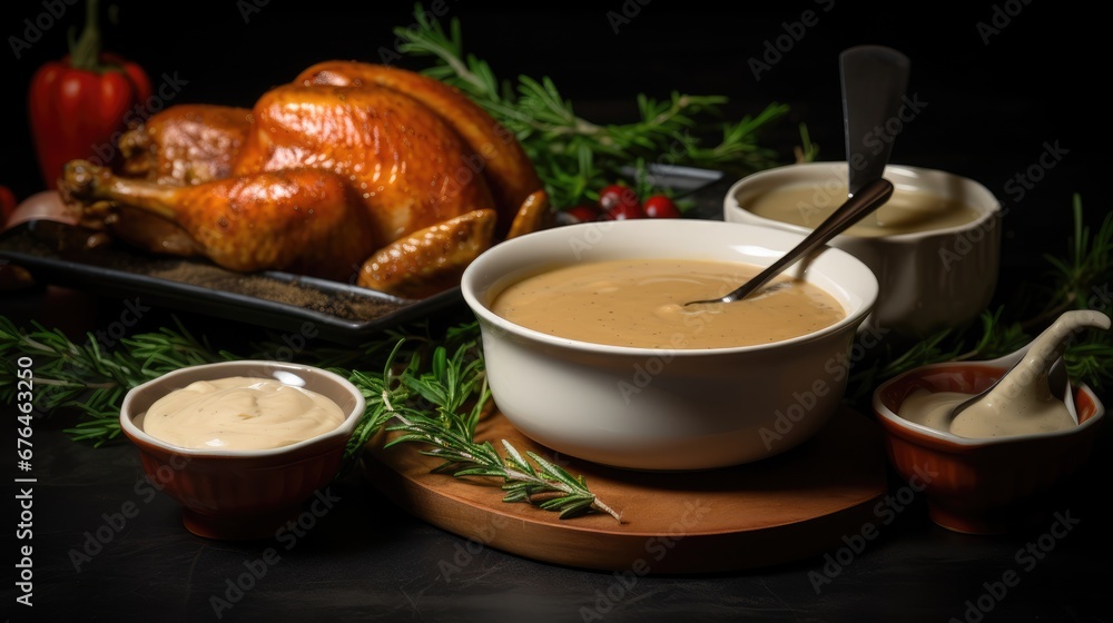 Poster a table topped with bowls of soup and a turkey on a platter next to a platter of dips. generative ai