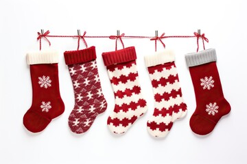 Hanging red christmas stockings filled with gifts, copyspace, green background.