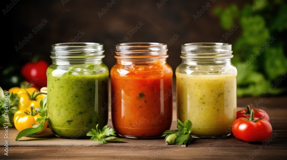 Poster three jars filled with different colored sauces next to a bunch of tomatoes and lettuce on a table. 
