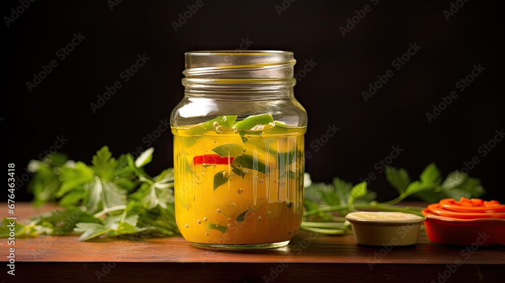 Poster a jar filled with liquid sitting on top of a table next to a bowl of carrots and celery. generative 