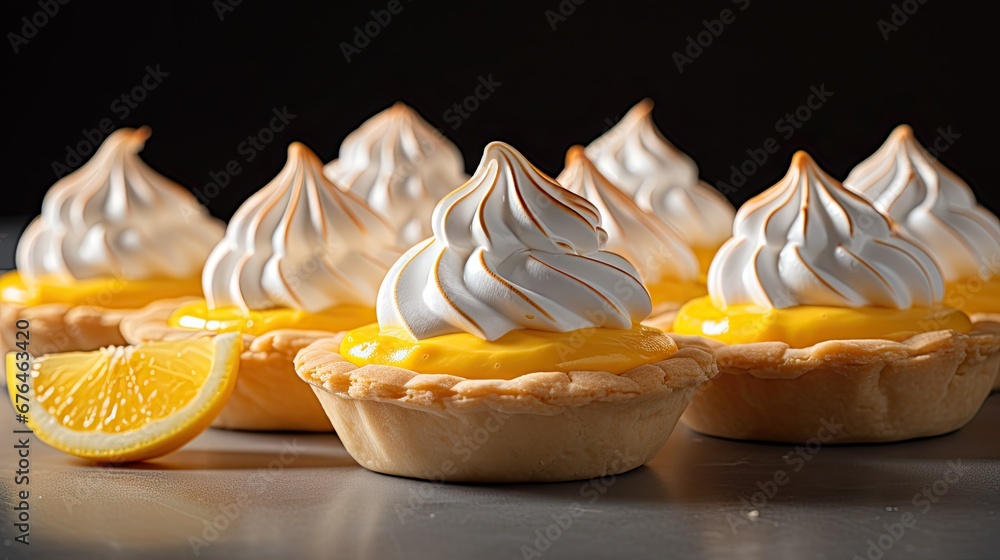 Poster a row of lemon meringue tarts with whipped cream and a slice of lemon on the side of the tart. gener