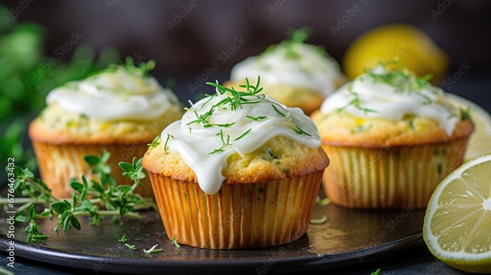 Aufkleber a close up of a plate of cupcakes with frosting and sprigs on top of it. generative ai