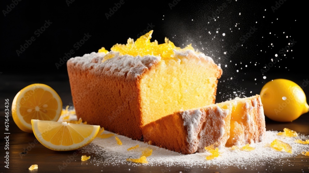 Poster a piece of cake sitting on top of a table covered in powdered sugar and sliced lemons next to it. ge
