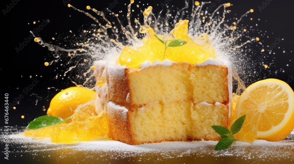 Poster a piece of cake with lemons and powdered sugar on the top and a slice of lemon on the bottom. genera