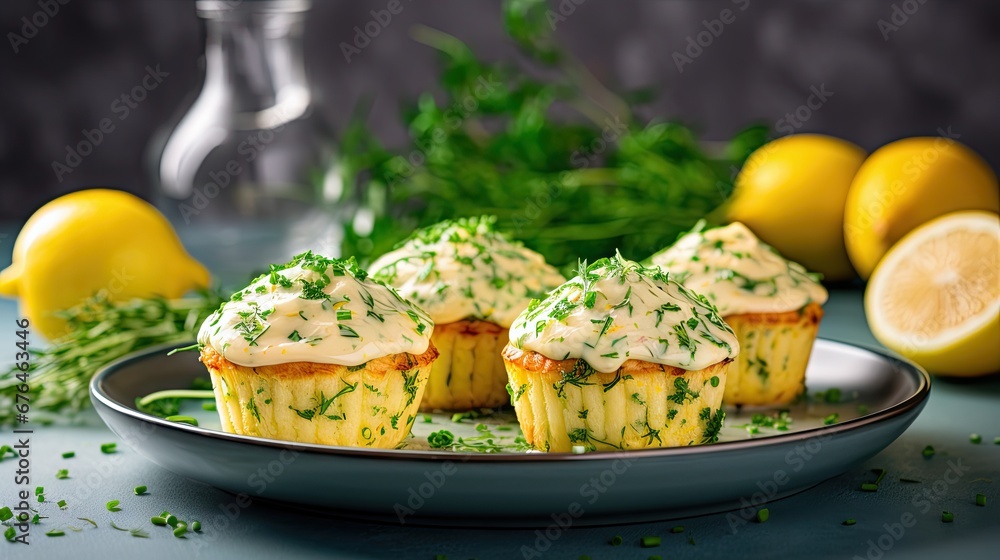 Poster a close up of a plate of cupcakes on a table with lemons and herbs in the background. generative ai
