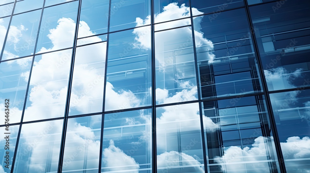 Aufkleber a very tall building with a lot of windows and clouds in the reflection of the building's glass wind