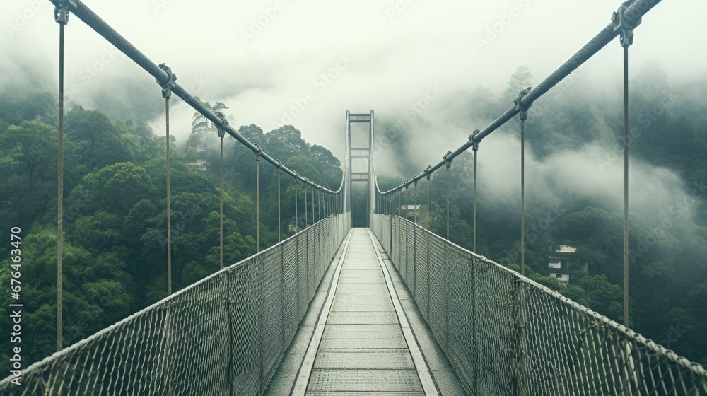 Poster a suspension bridge in the middle of a forest with fog rolling over the trees and fog rolling over t