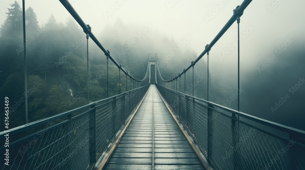 Poster a long suspension bridge in the middle of a forest on a foggy day with trees on both sides of the br
