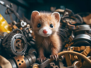 A marten gnaws on a cable in the engine compartment of a car, AI generated - obrazy, fototapety, plakaty