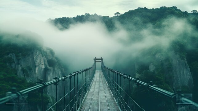  a suspension bridge in the middle of a mountain with fog hanging over the top of the bridge and trees on the other side of the bridge.  generative ai