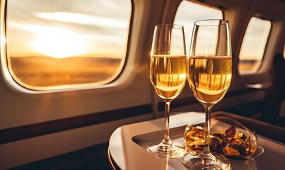 Luxury interior of a private jet or first class flight with two glasses of champagne, business jet plane airplane interior during flight, windows glass wealth journey flying evening landing
